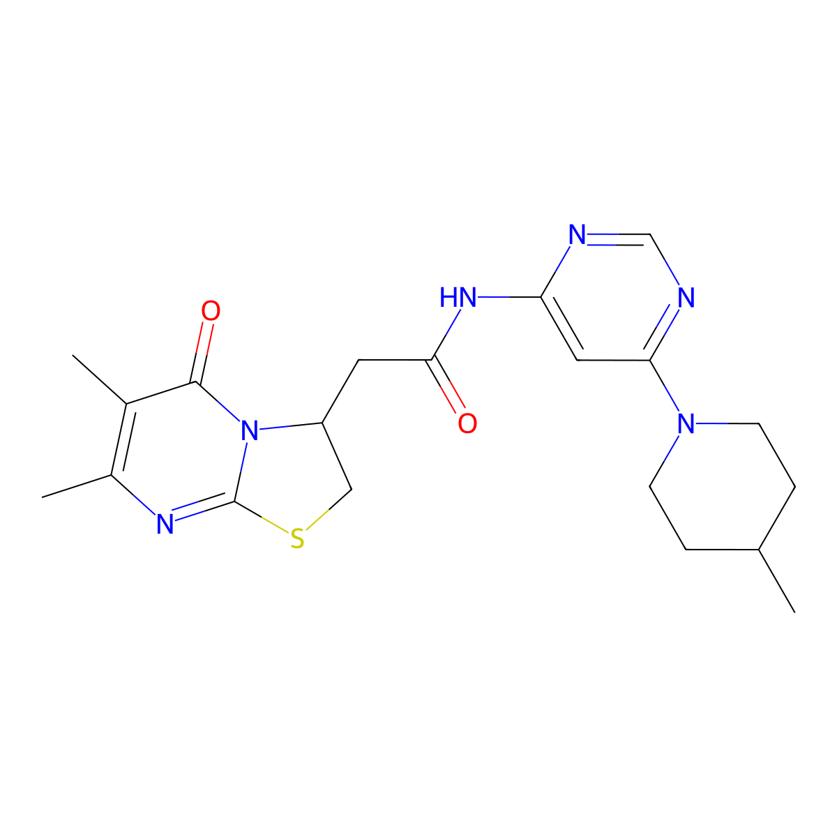 2-(6,7-dimethyl-5-oxo-3,5-dihydro-2H-thiazolo[3,2-a]pyrimidin-3-yl)-N-(6-(4-methylpiperidin-1-yl)pyrimidin-4-yl)acetamide molecular structure, CAS 1396761-19-5