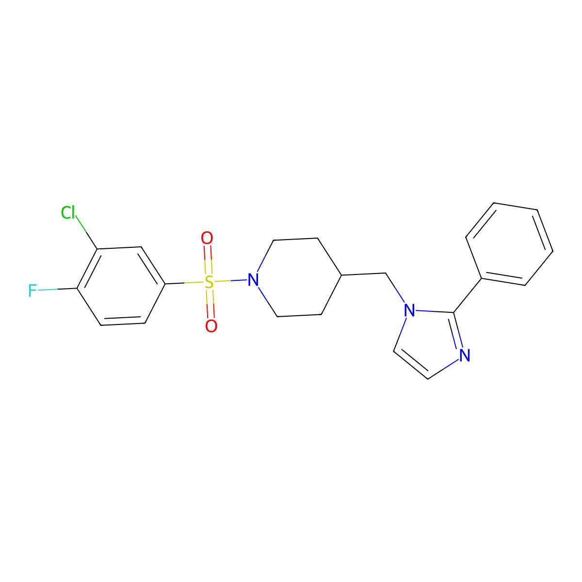 1-((3-chloro-4-fluorophenyl)sulfonyl)-4-((2-phenyl-1H-imidazol-1-yl)methyl)piperidine molecular structure, CAS 1396761-25-3