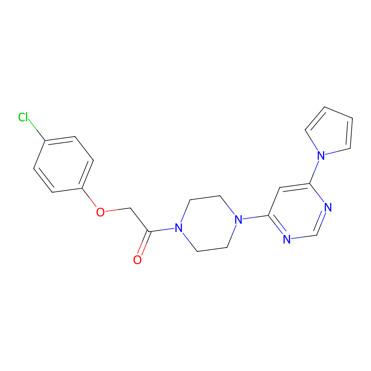 1-(4-(6-(1H-pyrrol-1-yl)pyrimidin-4-yl)piperazin-1-yl)-2-(4-chlorophenoxy)ethanone molecular structure, CAS 1396761-33-3
