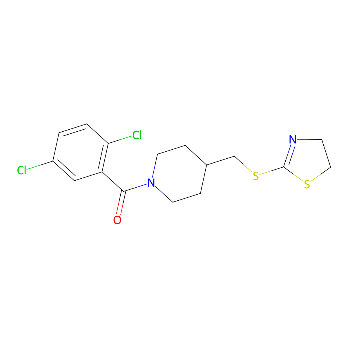 (2,5-Dichlorophenyl)(4-(((4,5-dihydrothiazol-2-yl)thio)methyl)piperidin-1-yl)methanone molecular structure, CAS 1396761-38-8