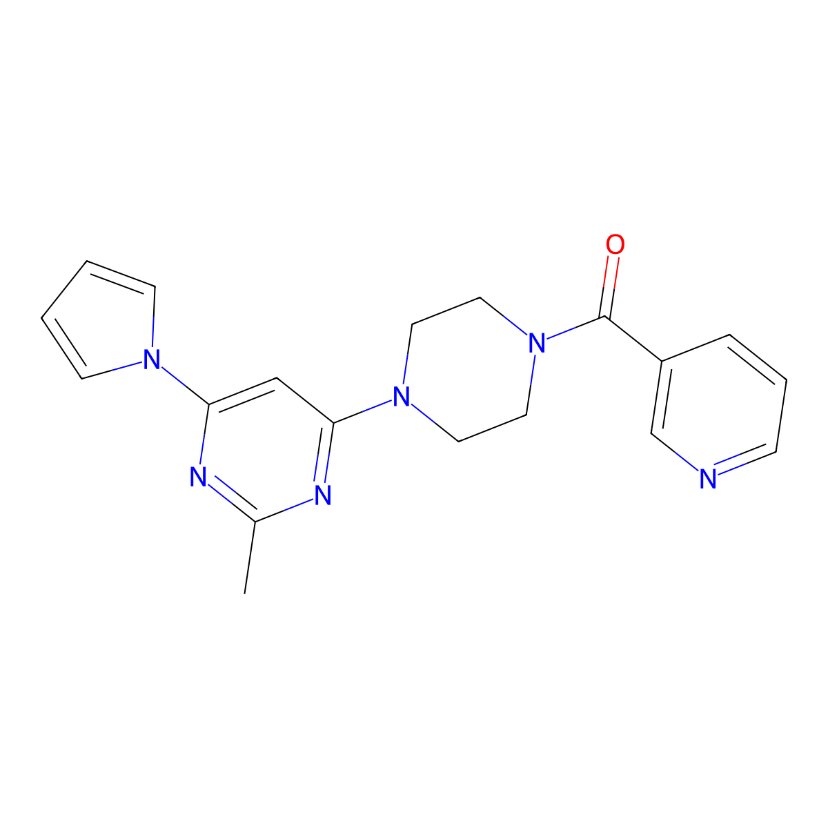 (4-(2-methyl-6-(1H-pyrrol-1-yl)pyrimidin-4-yl)piperazin-1-yl)(pyridin-3-yl)methanone molecular structure, CAS 1396761-43-5