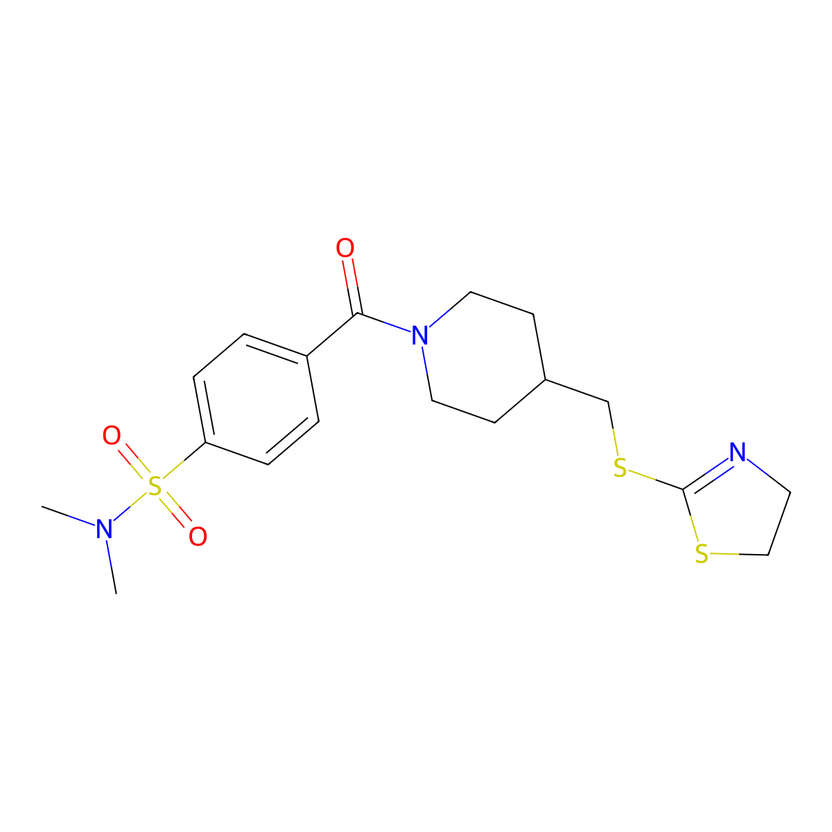 4-(4-(((4,5-dihydrothiazol-2-yl)thio)methyl)piperidine-1-carbonyl)-N,N-dimethylbenzenesulfonamide molecular structure, CAS 1396761-46-8