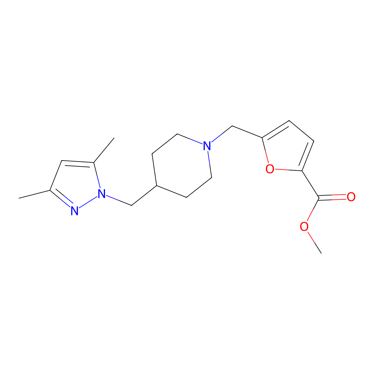 methyl 5-({4-[(3,5-dimethyl-1H-pyrazol-1-yl)methyl]piperidin-1-yl}methyl)furan-2-carboxylate molecular structure, CAS 1396761-49-1