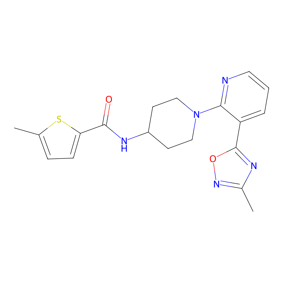 5-methyl-N-{1-[3-(3-methyl-1,2,4-oxadiazol-5-yl)pyridin-2-yl]piperidin-4-yl}thiophene-2-carboxamide molecular structure, CAS 1396761-50-4