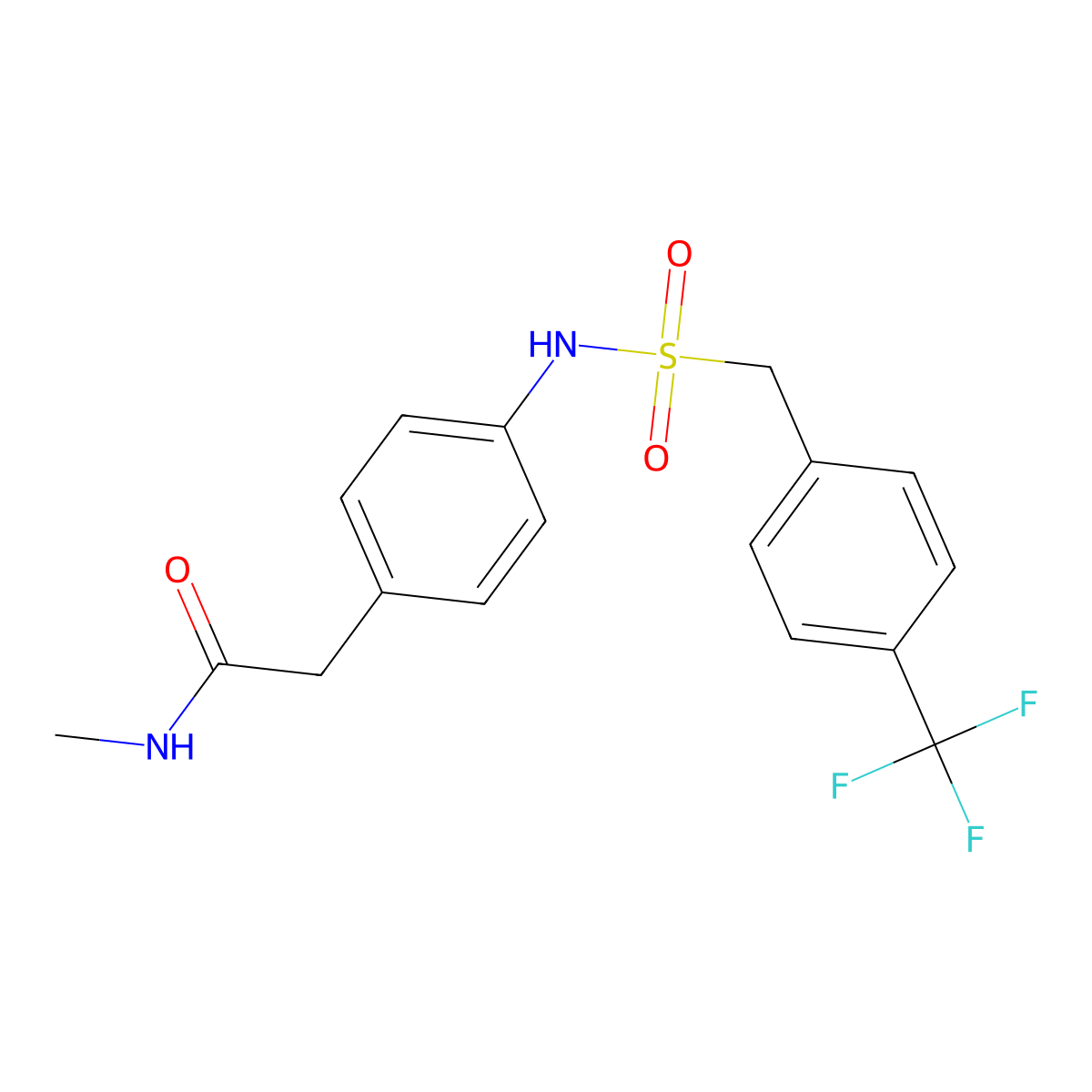 N-methyl-2-(4-((4-(trifluoromethyl)phenyl)methylsulfonamido)phenyl)acetamide molecular structure, CAS 1396761-52-6