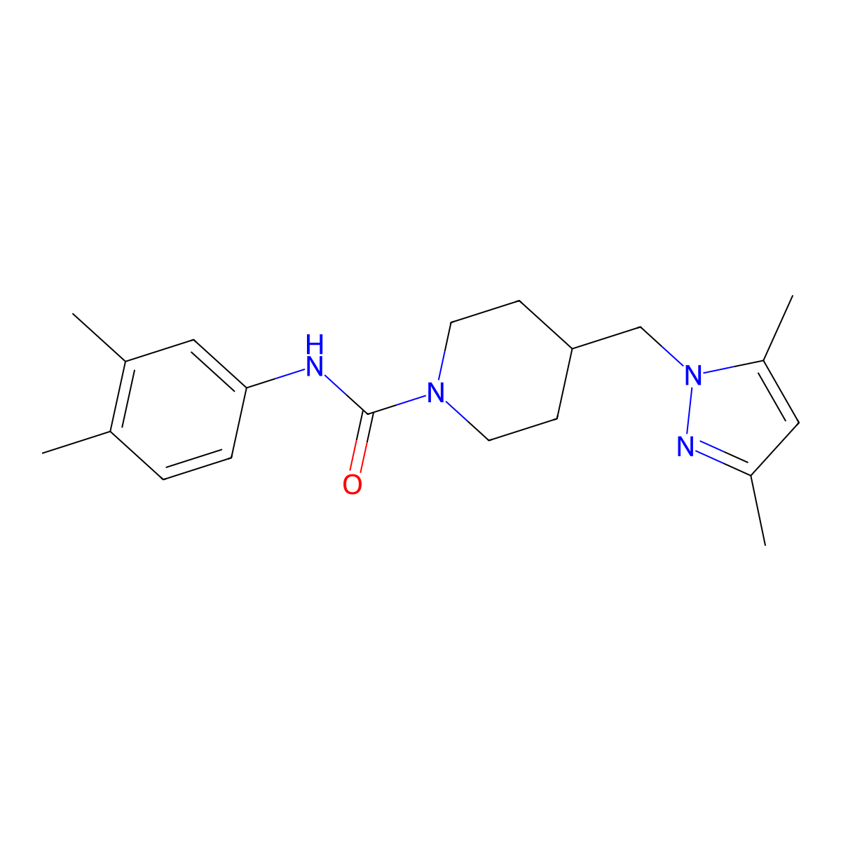 4-((3,5-dimethyl-1H-pyrazol-1-yl)methyl)-N-(3,4-dimethylphenyl)piperidine-1-carboxamide molecular structure, CAS 1396761-53-7