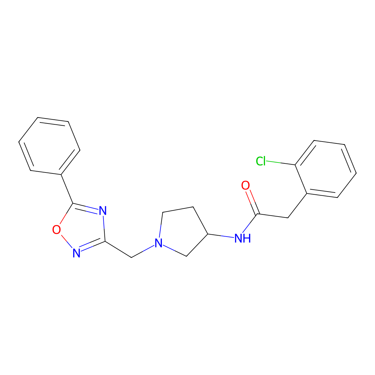2-(2-chlorophenyl)-N-(1-((5-phenyl-1,2,4-oxadiazol-3-yl)methyl)pyrrolidin-3-yl)acetamide molecular structure, CAS 1396761-55-9