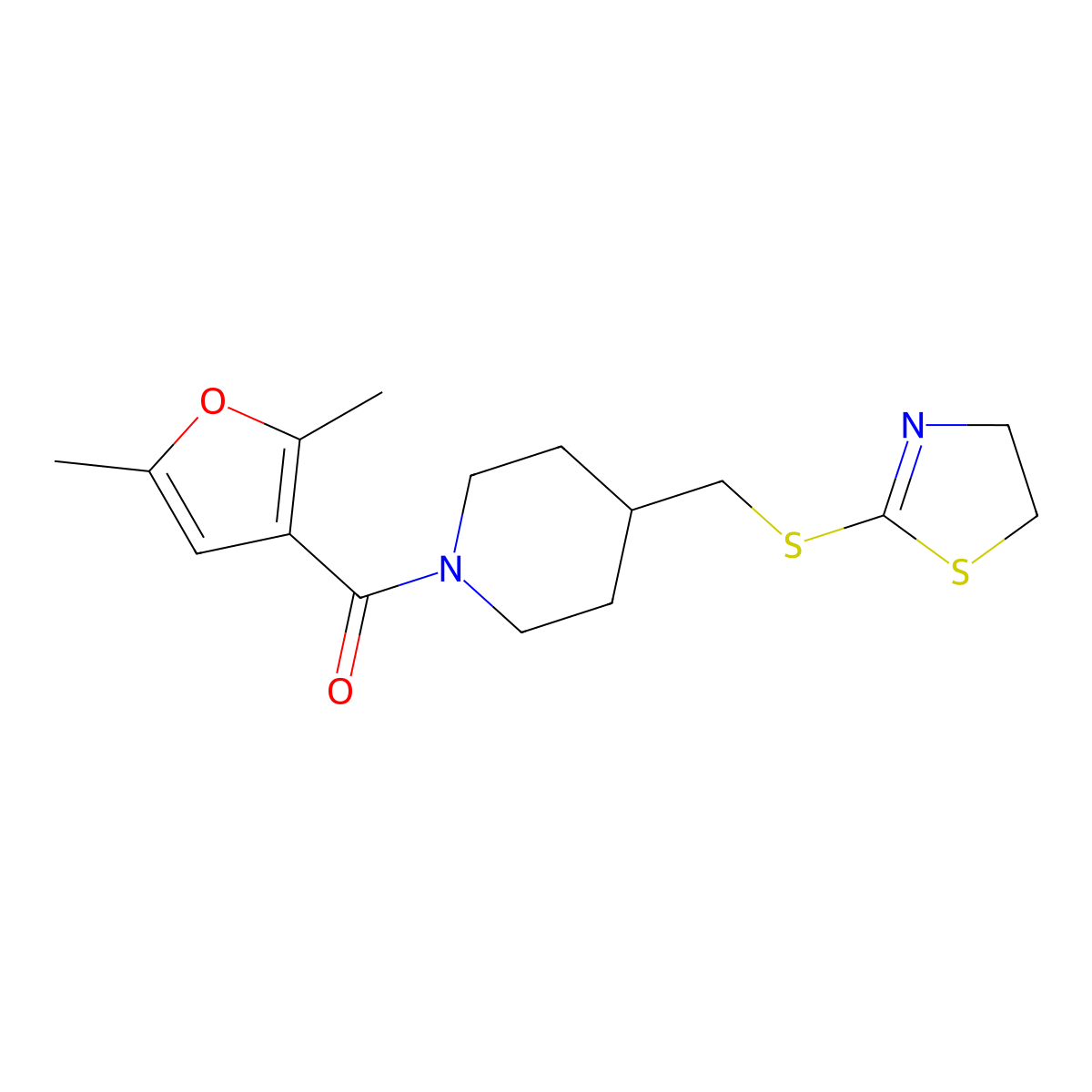 (4-(((4,5-Dihydrothiazol-2-yl)thio)methyl)piperidin-1-yl)(2,5-dimethylfuran-3-yl)methanone molecular structure, CAS 1396761-59-3