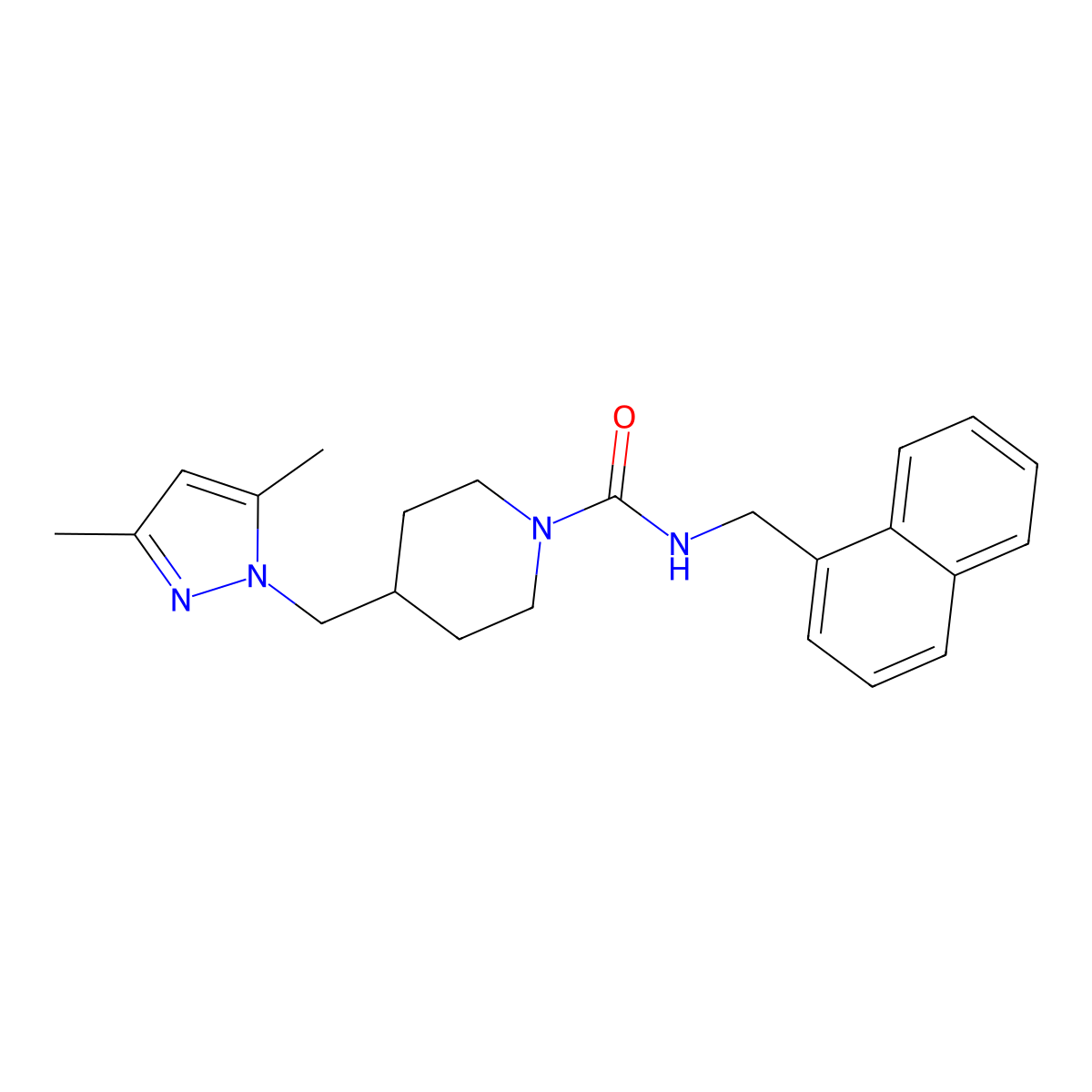 4-((3,5-dimethyl-1H-pyrazol-1-yl)methyl)-N-(naphthalen-1-ylmethyl)piperidine-1-carboxamide molecular structure, CAS 1396761-62-8