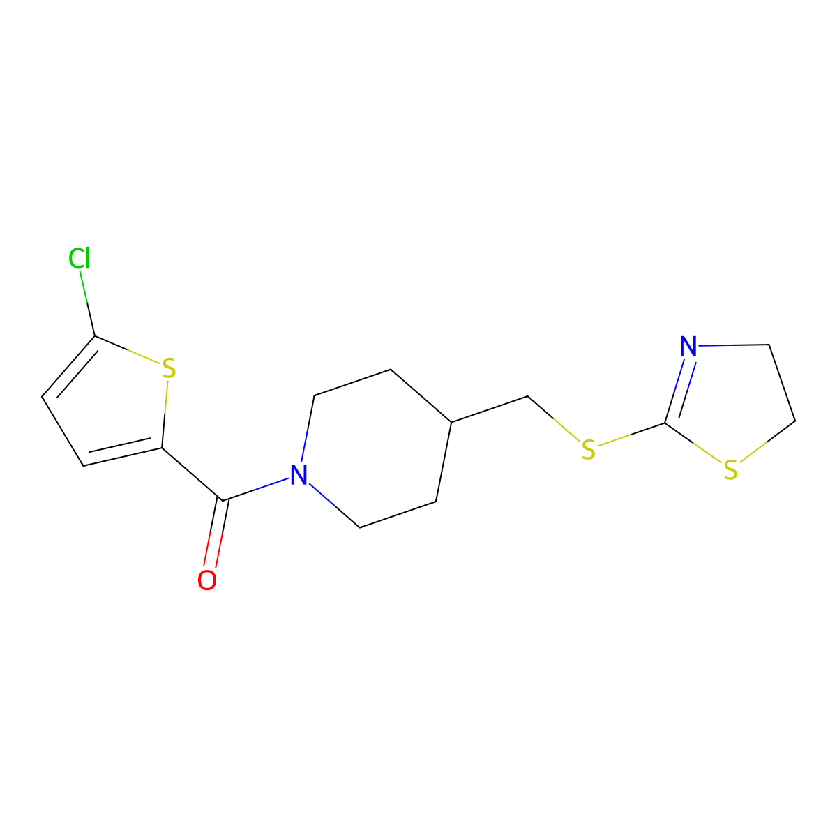 (5-Chlorothiophen-2-yl)(4-(((4,5-dihydrothiazol-2-yl)thio)methyl)piperidin-1-yl)methanone molecular structure, CAS 1396761-63-9