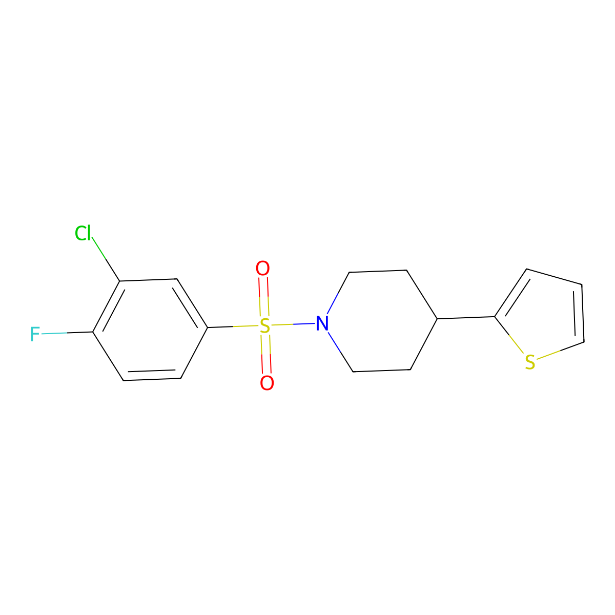 1-((3-Chloro-4-fluorophenyl)sulfonyl)-4-(thiophen-2-yl)piperidine molecular structure, CAS 1396761-69-5
