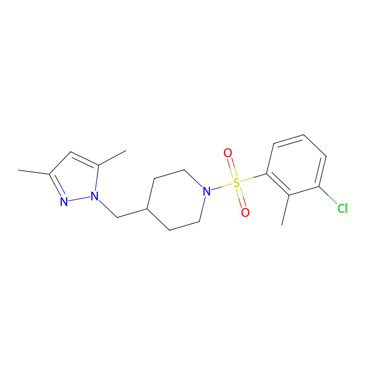 1-((3-chloro-2-methylphenyl)sulfonyl)-4-((3,5-dimethyl-1H-pyrazol-1-yl)methyl)piperidine molecular structure, CAS 1396761-71-9