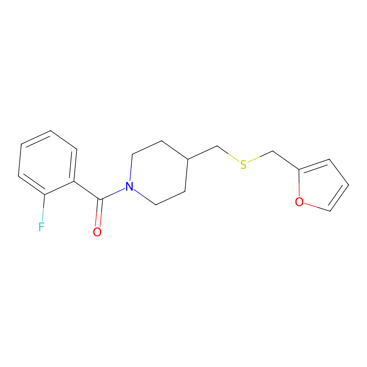 (2-Fluorophenyl)(4-(((furan-2-ylmethyl)thio)methyl)piperidin-1-yl)methanone molecular structure, CAS 1396761-72-0
