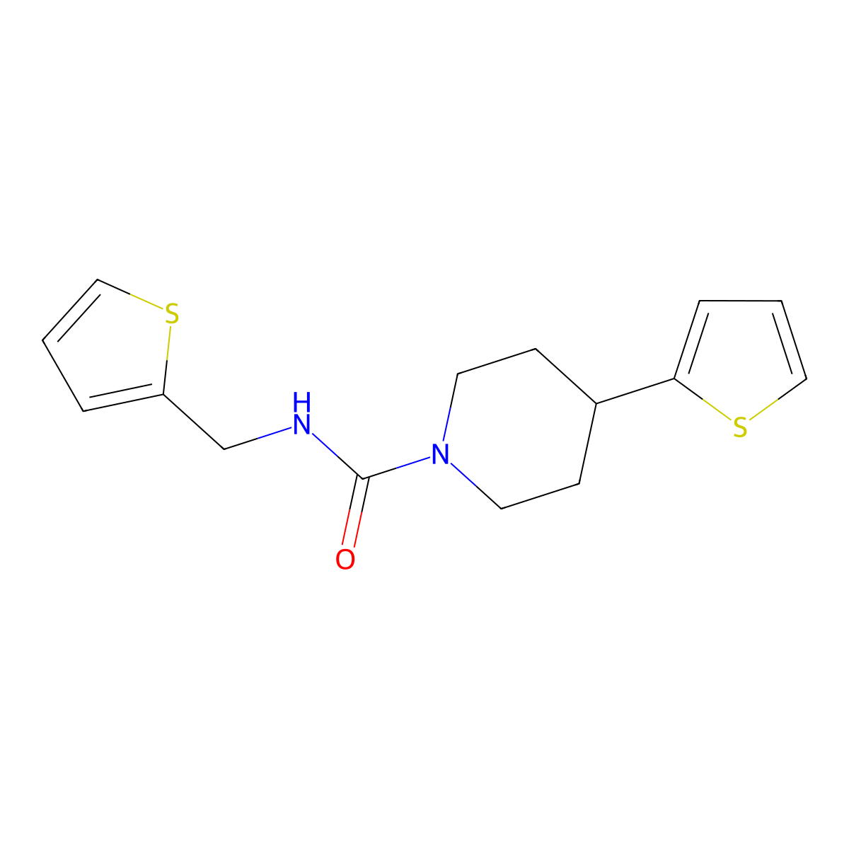 4-(thiophen-2-yl)-N-(thiophen-2-ylmethyl)piperidine-1-carboxamide molecular structure, CAS 1396761-76-4
