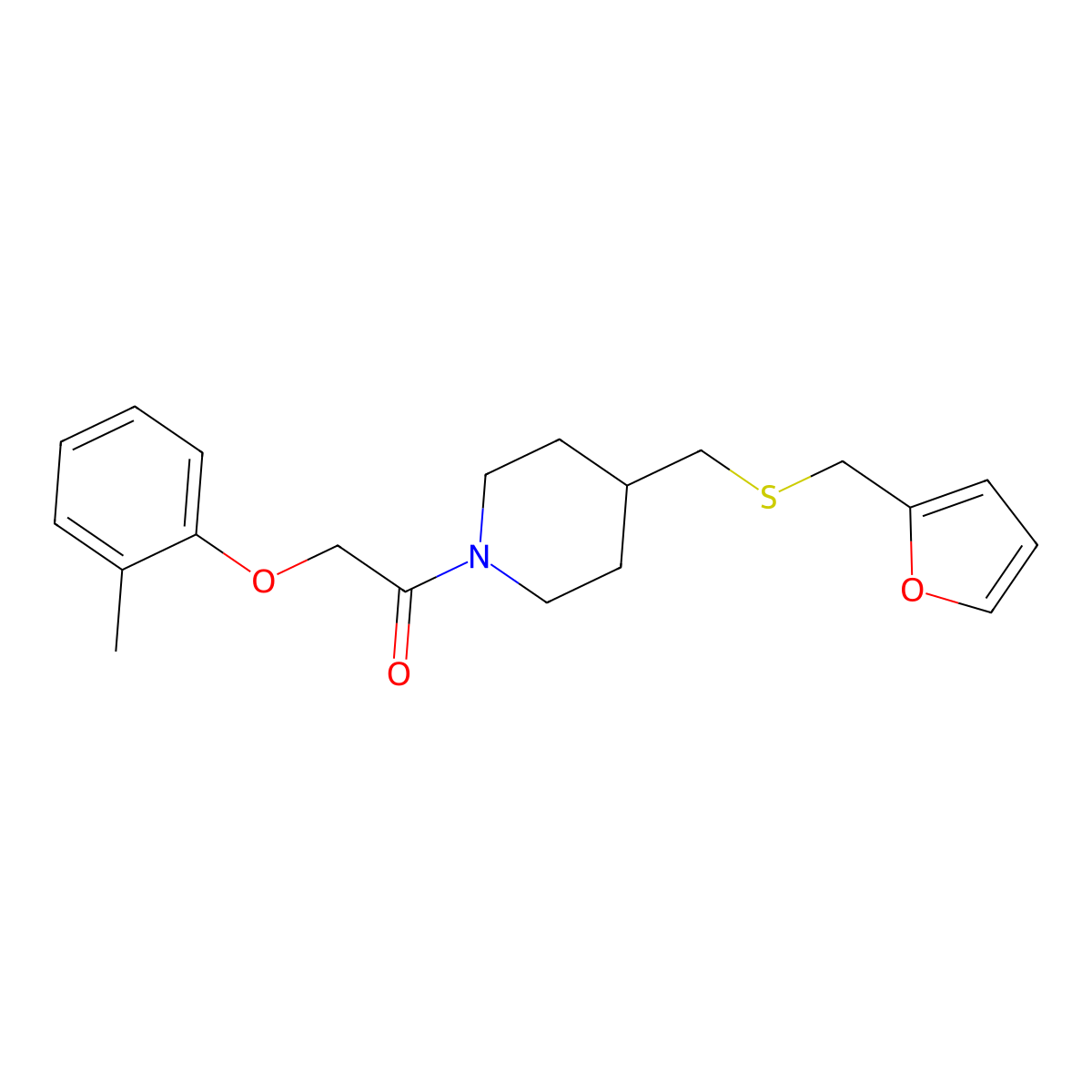 1-(4-(((Furan-2-ylmethyl)thio)methyl)piperidin-1-yl)-2-(o-tolyloxy)ethanone molecular structure, CAS 1396761-77-5