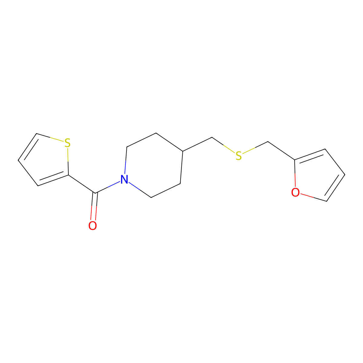 (4-(((Furan-2-ylmethyl)thio)methyl)piperidin-1-yl)(thiophen-2-yl)methanone molecular structure, CAS 1396761-79-7