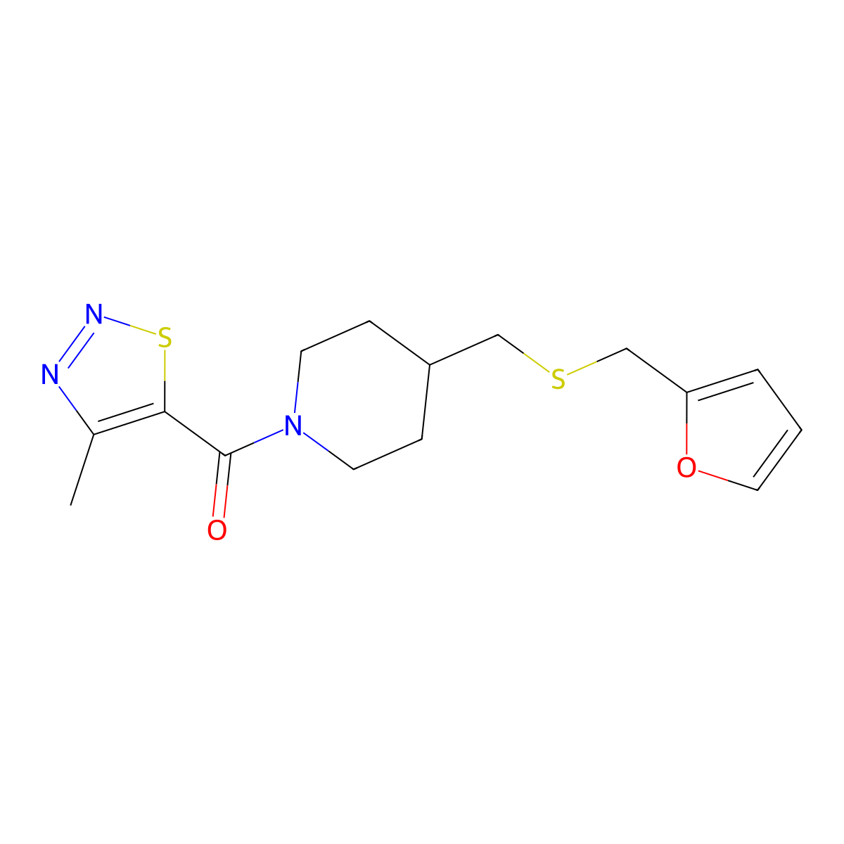 (4-(((Furan-2-ylmethyl)thio)methyl)piperidin-1-yl)(4-methyl-1,2,3-thiadiazol-5-yl)methanone molecular structure, CAS 1396761-85-5