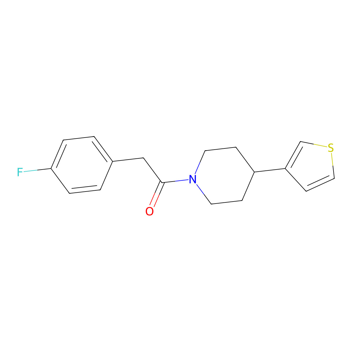 2-(4-Fluorophenyl)-1-(4-(thiophen-3-yl)piperidin-1-yl)ethanone molecular structure, CAS 1396761-92-4