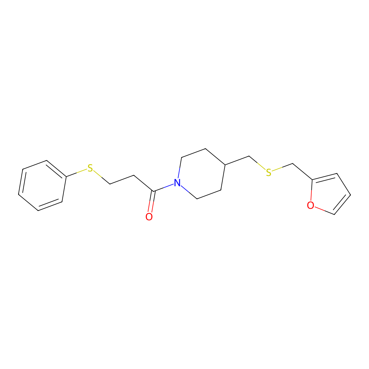 1-(4-(((Furan-2-ylmethyl)thio)methyl)piperidin-1-yl)-3-(phenylthio)propan-1-one molecular structure, CAS 1396762-06-3