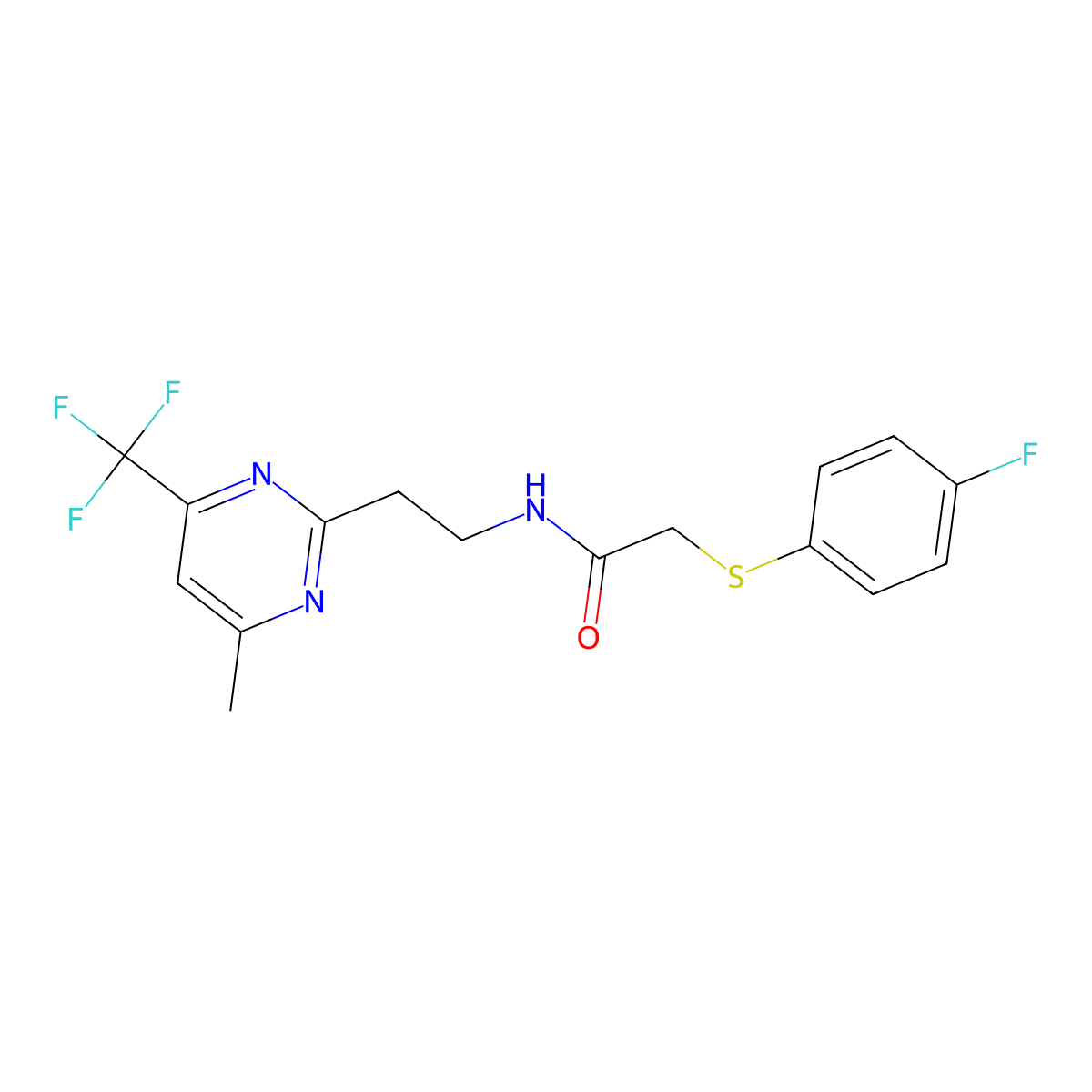 2-((4-fluorophenyl)thio)-N-(2-(4-methyl-6-(trifluoromethyl)pyrimidin-2-yl)ethyl)acetamide molecular structure, CAS 1396764-81-0