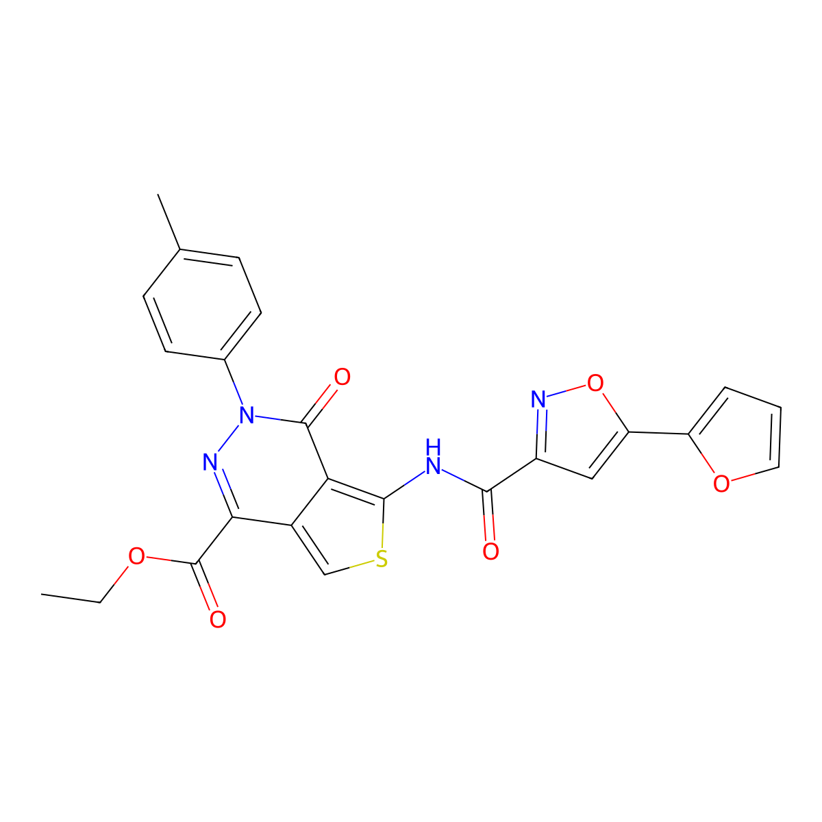 Ethyl 5-(5-(furan-2-yl)isoxazole-3-carboxamido)-4-oxo-3-(p-tolyl)-3,4-dihydrothieno[3,4-d]pyridazine-1-carboxylate molecular structure, CAS 1396764-85-4