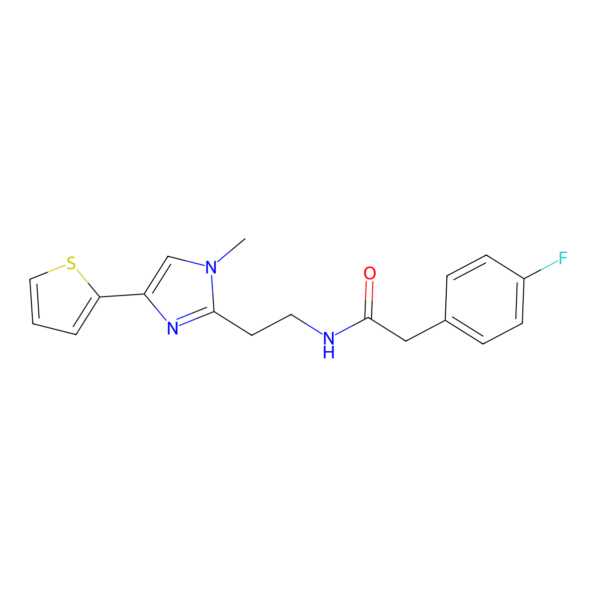 2-(4-fluorophenyl)-N-(2-(1-methyl-4-(thiophen-2-yl)-1H-imidazol-2-yl)ethyl)acetamide molecular structure, CAS 1396764-96-7
