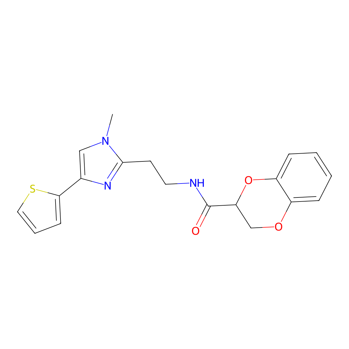 N-(2-(1-methyl-4-(thiophen-2-yl)-1H-imidazol-2-yl)ethyl)-2,3-dihydrobenzo[b][1,4]dioxine-2-carboxamide molecular structure, CAS 1396765-06-2