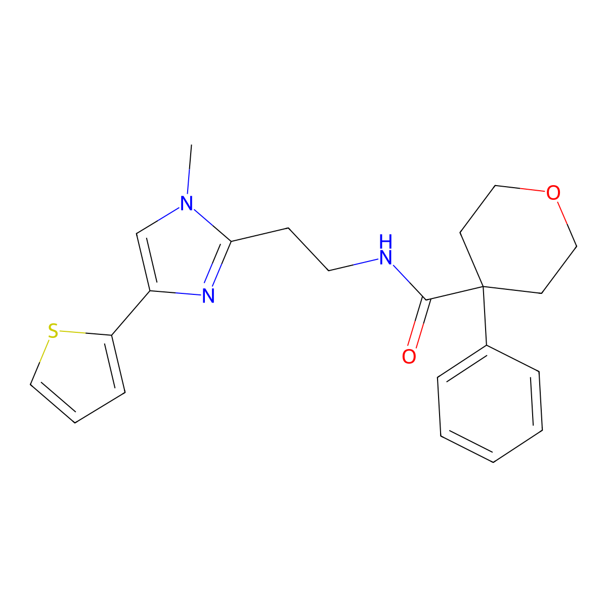 N-(2-(1-methyl-4-(thiophen-2-yl)-1H-imidazol-2-yl)ethyl)-4-phenyltetrahydro-2H-pyran-4-carboxamide molecular structure, CAS 1396765-10-8