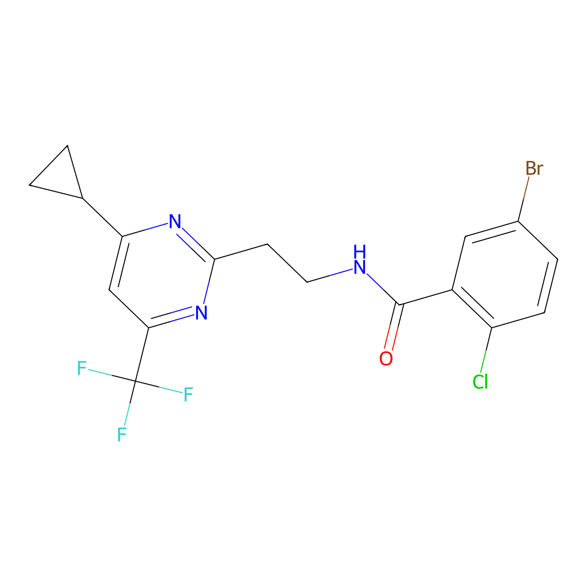 5-bromo-2-chloro-N-{2-[4-cyclopropyl-6-(trifluoromethyl)pyrimidin-2-yl]ethyl}benzamide molecular structure, CAS 1396765-38-0