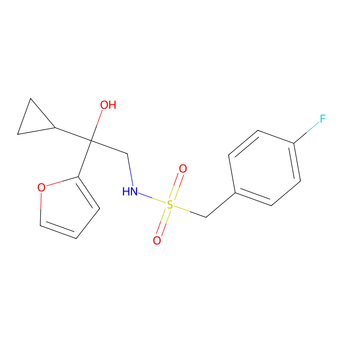 N-[2-cyclopropyl-2-(furan-2-yl)-2-hydroxyethyl]-1-(4-fluorophenyl)methanesulfonamide molecular structure, CAS 1396765-58-4