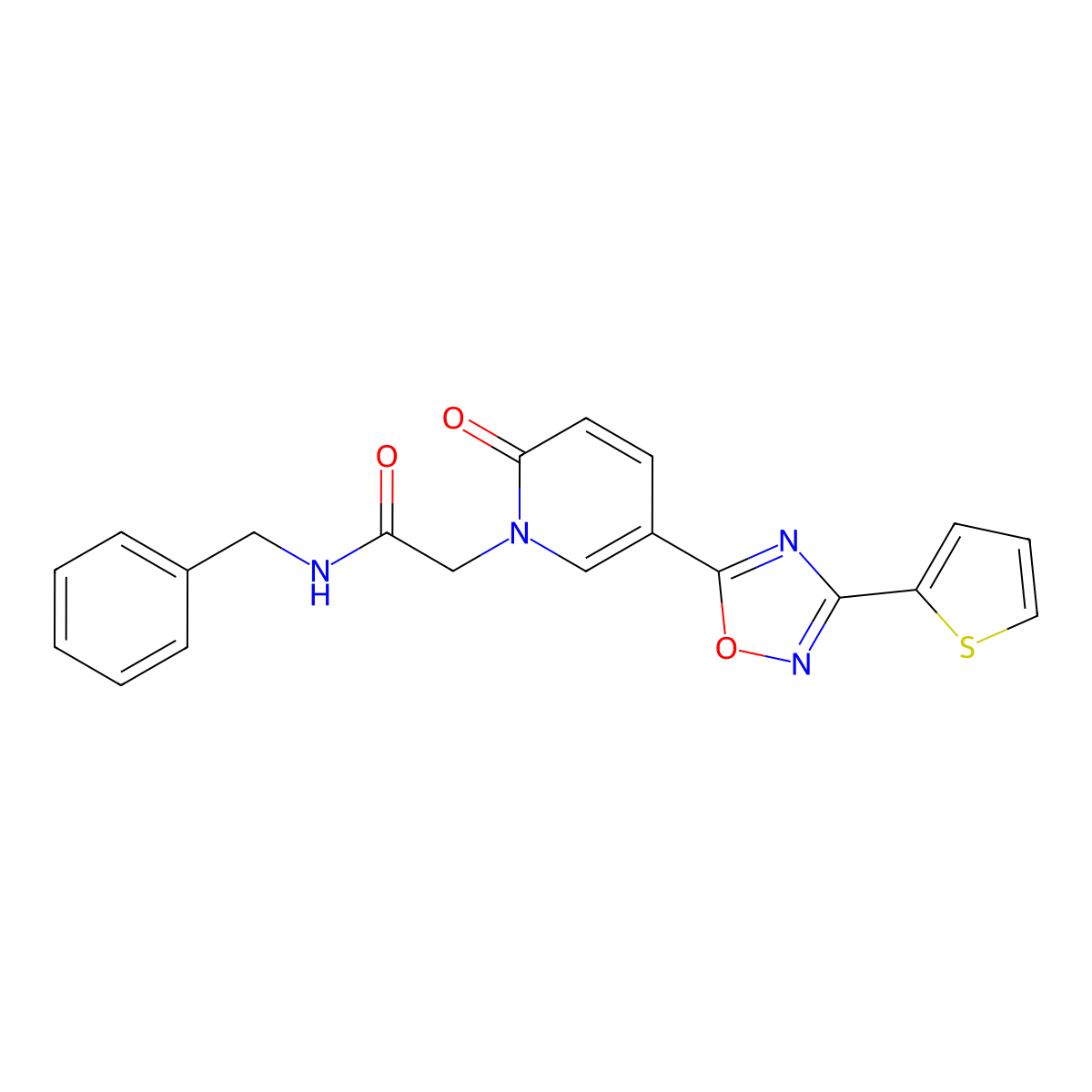 N-benzyl-2-[2-oxo-5-[3-(2-thienyl)-1,2,4-oxadiazol-5-yl]pyridin-1(2H)-yl]acetamide molecular structure, CAS 1396765-59-5