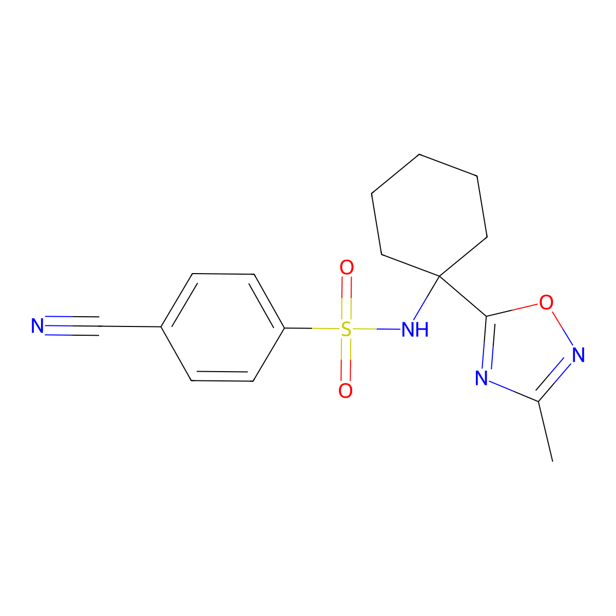 4-cyano-N-(1-(3-methyl-1,2,4-oxadiazol-5-yl)cyclohexyl)benzenesulfonamide molecular structure, CAS 1396765-62-0