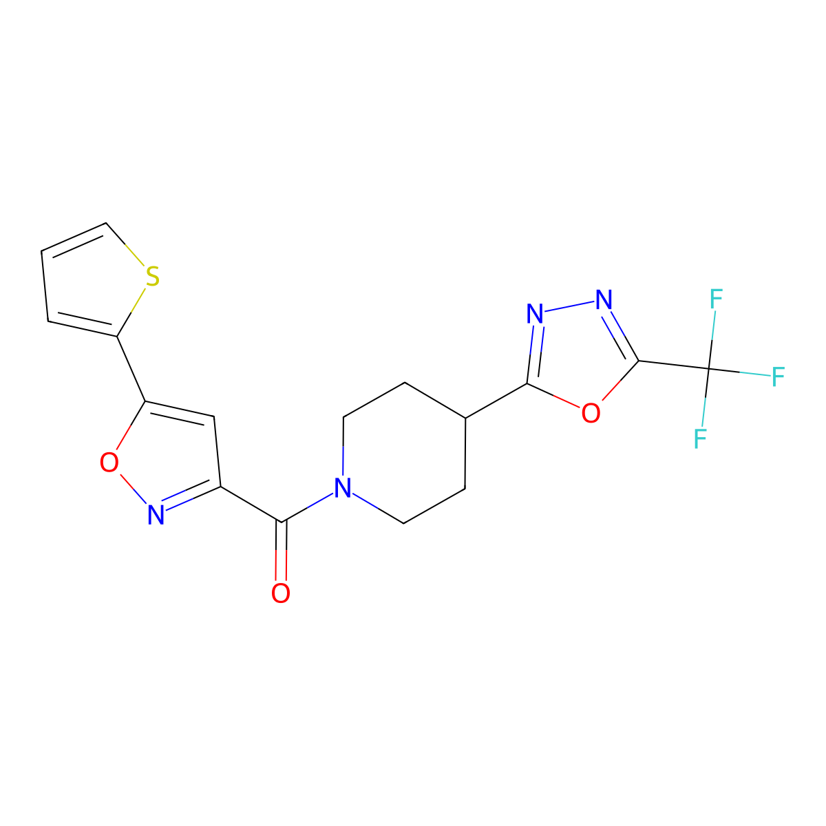(5-(Thiophen-2-yl)isoxazol-3-yl)(4-(5-(trifluoromethyl)-1,3,4-oxadiazol-2-yl)piperidin-1-yl)methanone molecular structure, CAS 1396765-63-1