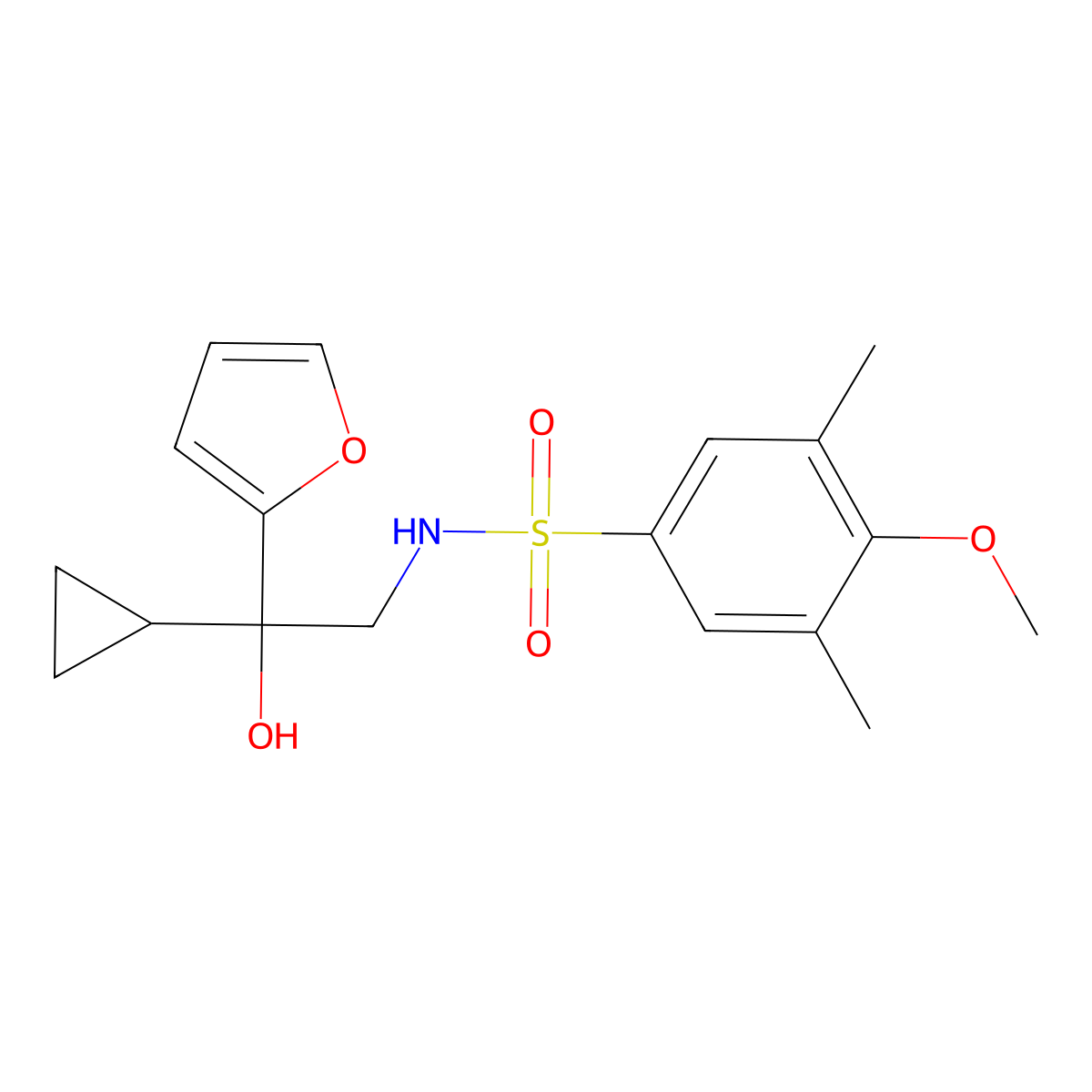 N-(2-cyclopropyl-2-(furan-2-yl)-2-hydroxyethyl)-4-methoxy-3,5-dimethylbenzenesulfonamide molecular structure, CAS 1396765-65-3