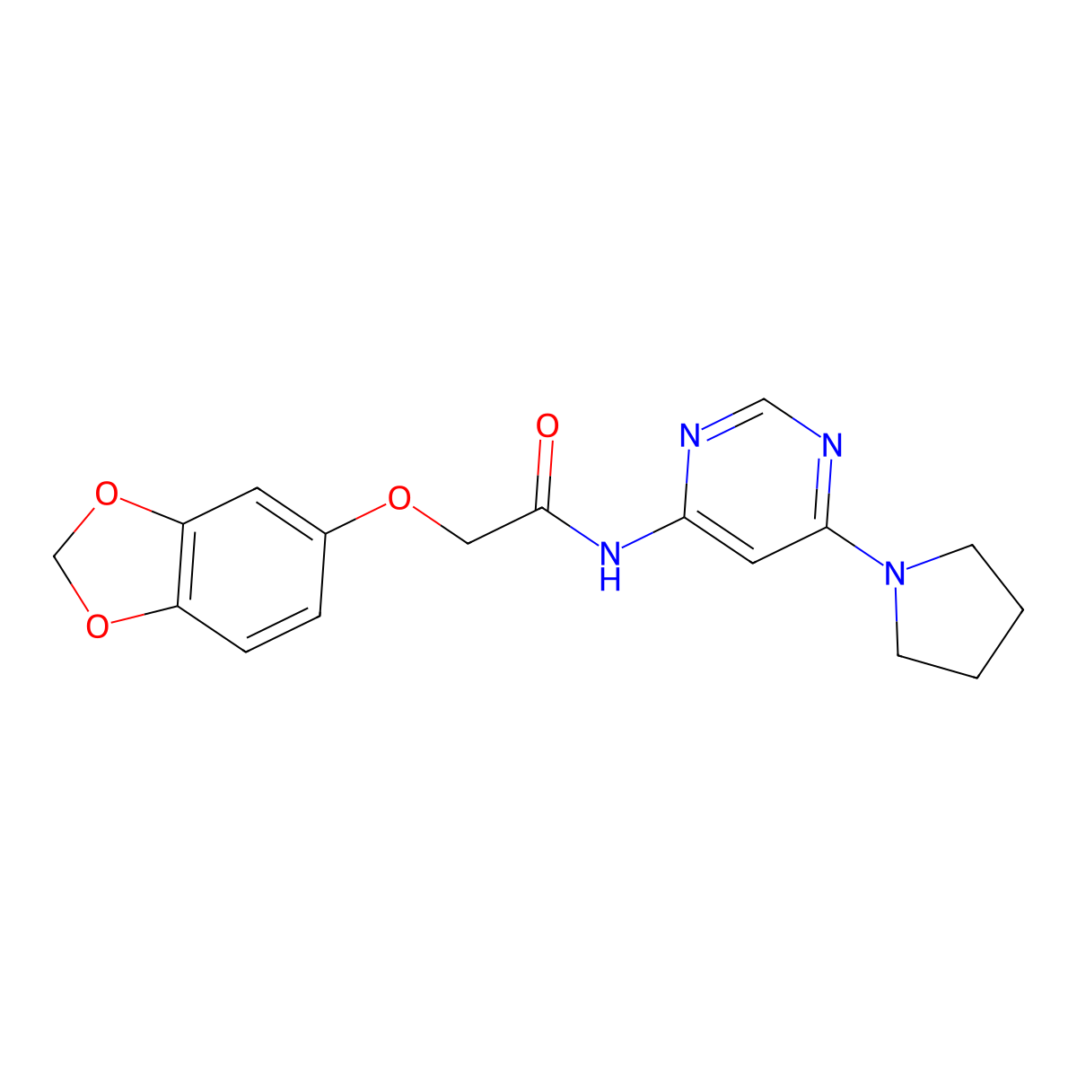 2-(benzo[d][1,3]dioxol-5-yloxy)-N-(6-(pyrrolidin-1-yl)pyrimidin-4-yl)acetamide molecular structure, CAS 1396765-70-0