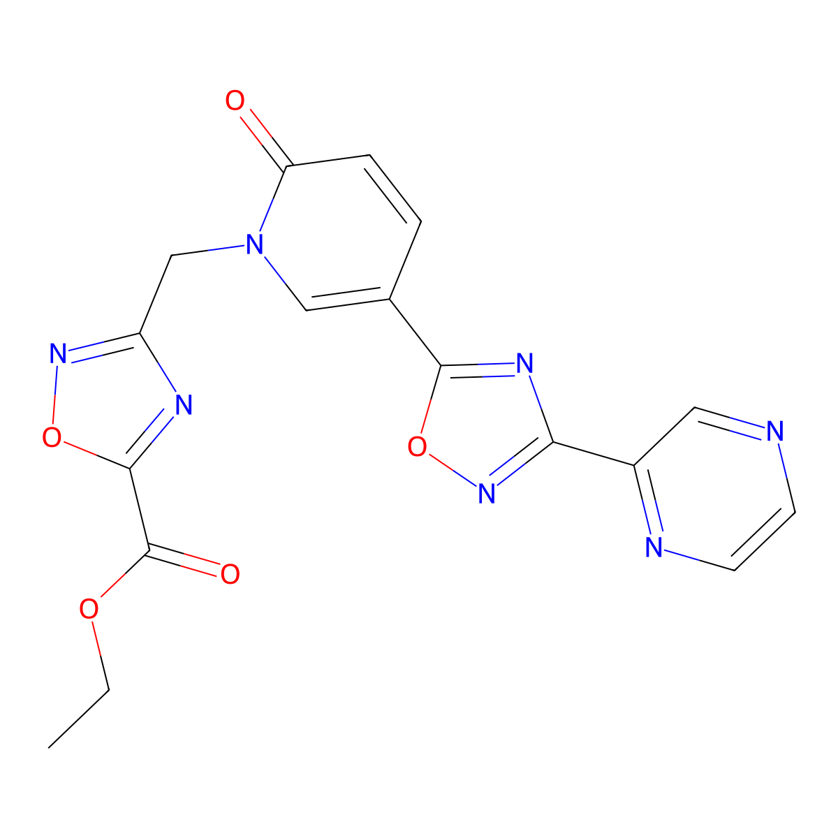 ethyl 3-((2-oxo-5-(3-(pyrazin-2-yl)-1,2,4-oxadiazol-5-yl)pyridin-1(2H)-yl)methyl)-1,2,4-oxadiazole-5-carboxylate molecular structure, CAS 1396765-76-6