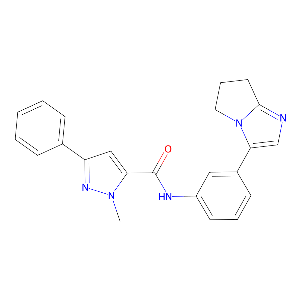 1-methyl-3-phenyl-N-(3-{5H,6H,7H-pyrrolo[1,2-a]imidazol-3-yl}phenyl)-1H-pyrazole-5-carboxamide molecular structure, CAS 1396765-78-8