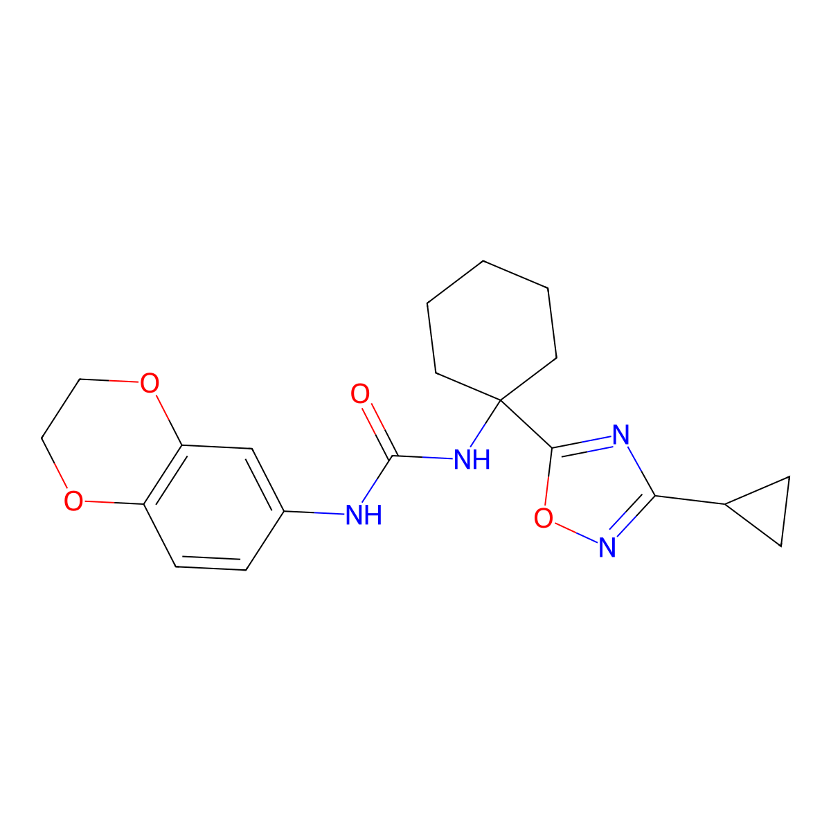 N-[1-(3-cyclopropyl-1,2,4-oxadiazol-5-yl)cyclohexyl]-N'-(2,3-dihydro-1,4-benzodioxin-6-yl)urea molecular structure, CAS 1396765-97-1