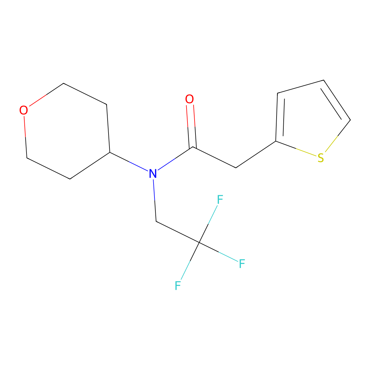 N-(tetrahydro-2H-pyran-4-yl)-2-(thiophen-2-yl)-N-(2,2,2-trifluoroethyl)acetamide molecular structure, CAS 1396765-99-3