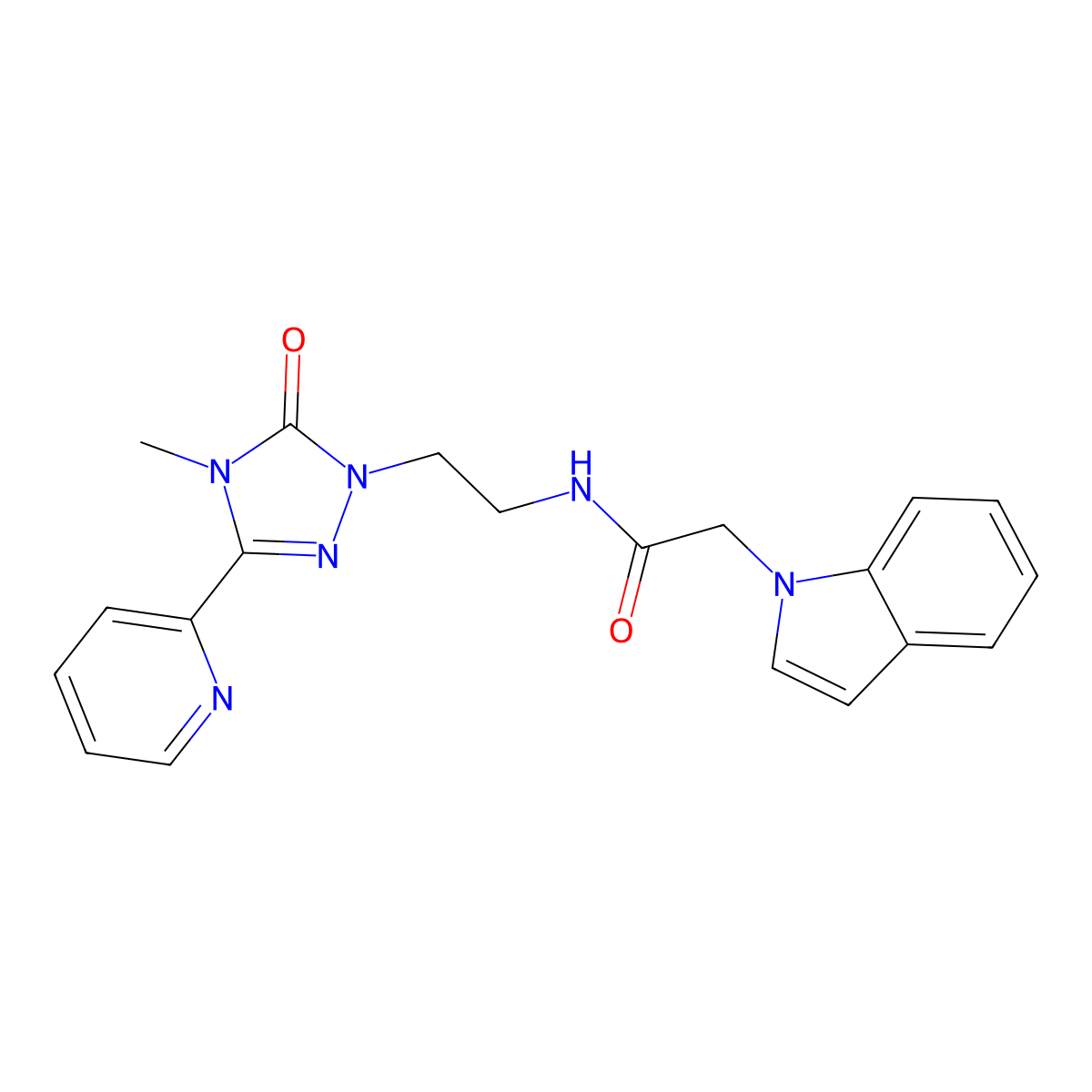 2-(1H-indol-1-yl)-N-(2-(4-methyl-5-oxo-3-(pyridin-2-yl)-4,5-dihydro-1H-1,2,4-triazol-1-yl)ethyl)acetamide molecular structure, CAS 1396766-00-9