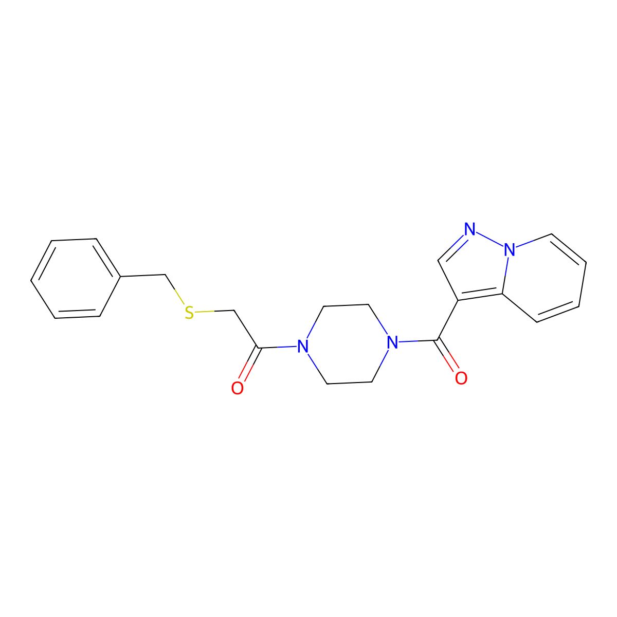 2-(Benzylthio)-1-(4-(pyrazolo[1,5-a]pyridine-3-carbonyl)piperazin-1-yl)ethanone molecular structure, CAS 1396766-02-1