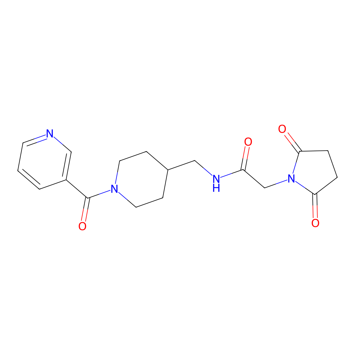 2-(2,5-dioxopyrrolidin-1-yl)-N-((1-nicotinoylpiperidin-4-yl)methyl)acetamide molecular structure, CAS 1396766-06-5