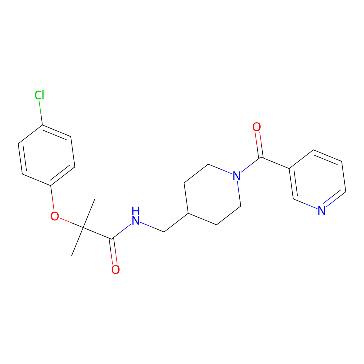 2-(4-chlorophenoxy)-2-methyl-N-((1-nicotinoylpiperidin-4-yl)methyl)propanamide molecular structure, CAS 1396766-17-8