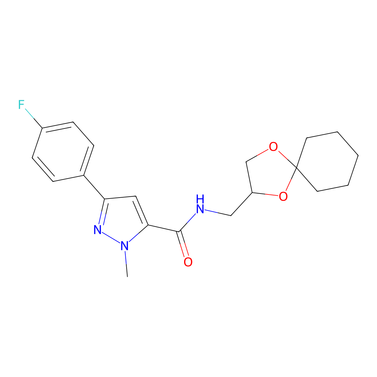 N-(1,4-dioxaspiro[4.5]decan-2-ylmethyl)-3-(4-fluorophenyl)-1-methyl-1H-pyrazole-5-carboxamide molecular structure, CAS 1396766-29-2