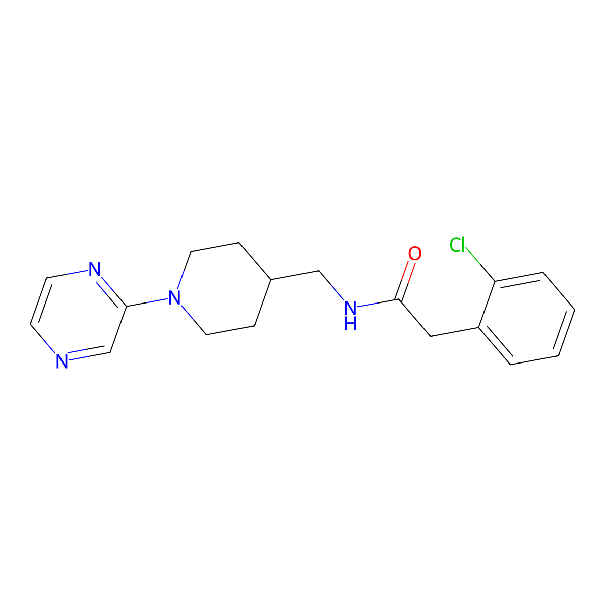 2-(2-chlorophenyl)-N-((1-(pyrazin-2-yl)piperidin-4-yl)methyl)acetamide molecular structure, CAS 1396766-34-9