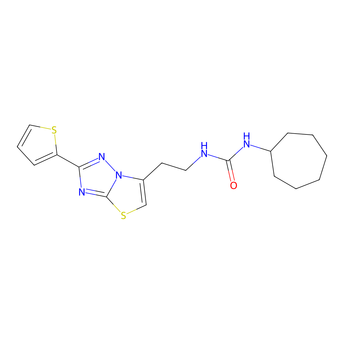1-Cycloheptyl-3-(2-(2-(thiophen-2-yl)thiazolo[3,2-b][1,2,4]triazol-6-yl)ethyl)urea molecular structure, CAS 1396766-38-3