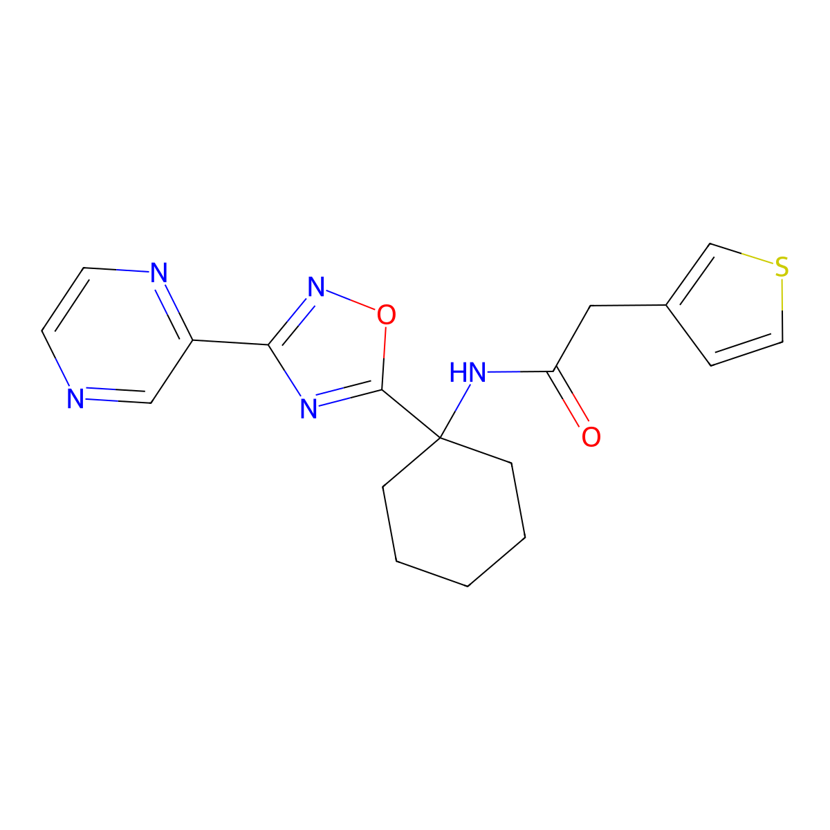 N-(1-(3-(pyrazin-2-yl)-1,2,4-oxadiazol-5-yl)cyclohexyl)-2-(thiophen-3-yl)acetamide molecular structure, CAS 1396766-43-0