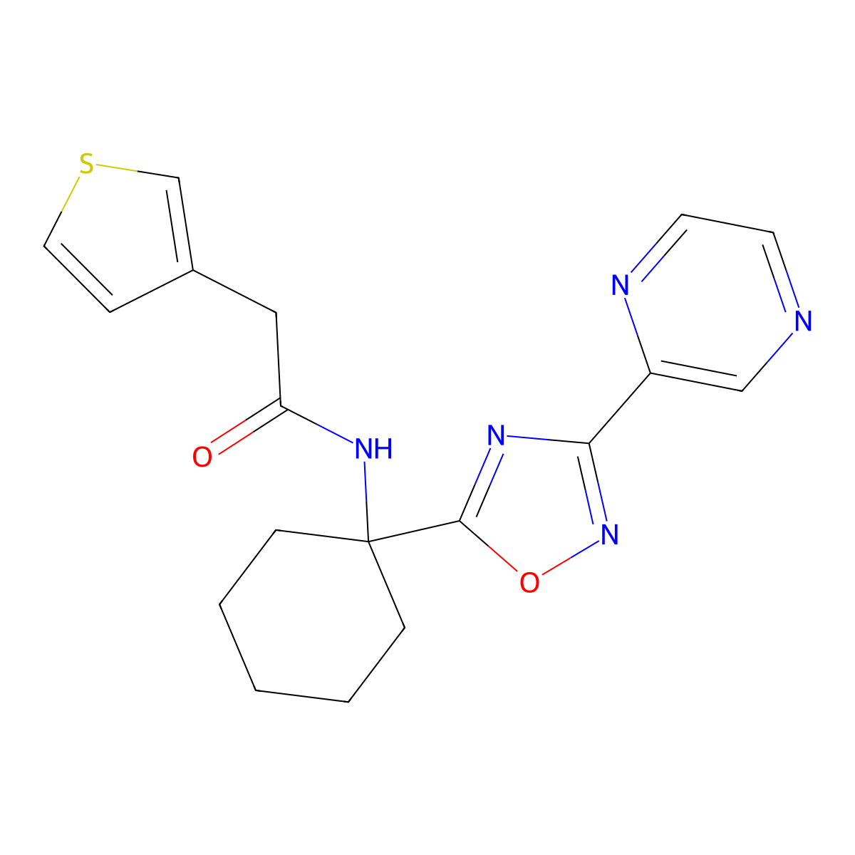 N-(1-(3-(pyrazin-2-yl)-1,2,4-oxadiazol-5-yl)cyclohexyl)-2-(thiophen-3-yl)acetamide molecular structure, CAS 1396766-43-0