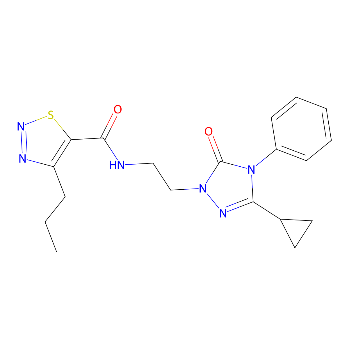 N-[2-(3-cyclopropyl-5-oxo-4-phenyl-4,5-dihydro-1H-1,2,4-triazol-1-yl)ethyl]-4-propyl-1,2,3-thiadiazole-5-carboxamide molecular structure, CAS 1396766-46-3