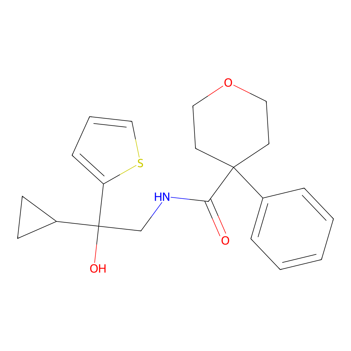 N-(2-cyclopropyl-2-hydroxy-2-(thiophen-2-yl)ethyl)-4-phenyltetrahydro-2H-pyran-4-carboxamide molecular structure, CAS 1396766-53-2